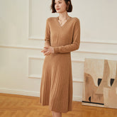 V-Neck Cashmere Knitted Dress Pullover Waist Jumpers Ribbed Skirt